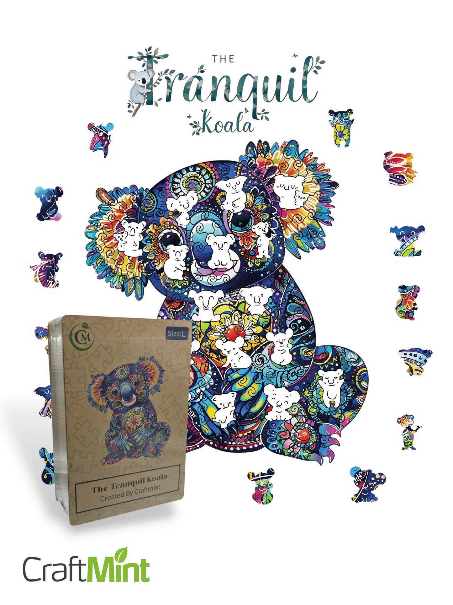 Mandala Koala Wooden Puzzle for Adults | Unique Animal Jigsaw Gift, Premium Wooden Brain Teaser, Colourful Koala Puzzle with Box