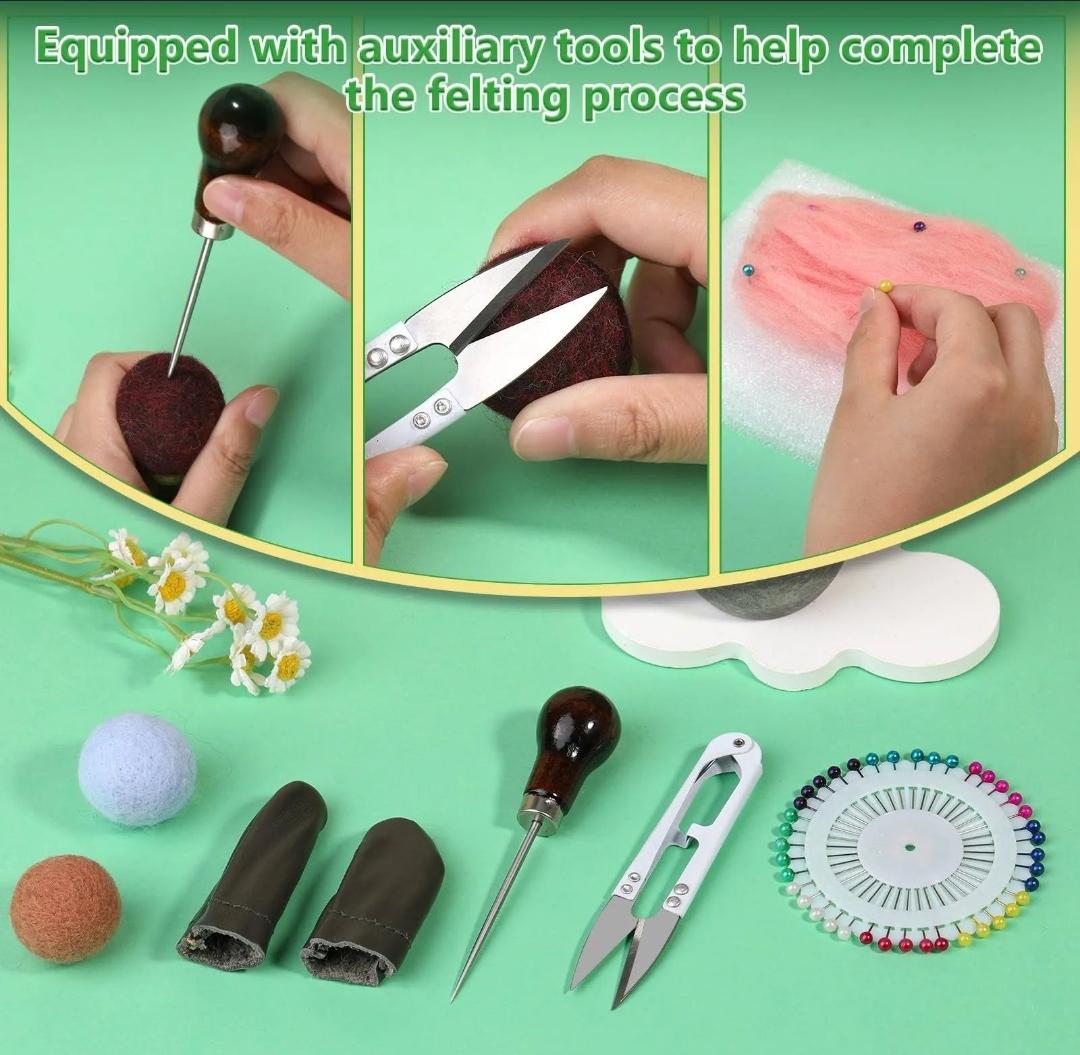 Needle Felting Kit with 60 Needles, Foam Mat & Wooden Handle Tool