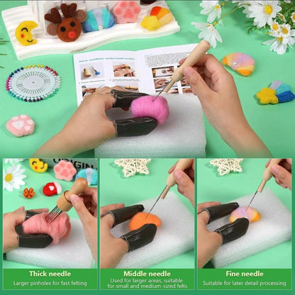 Photo guide demonstrating thick, medium and fine felting needles while making felt shapes.