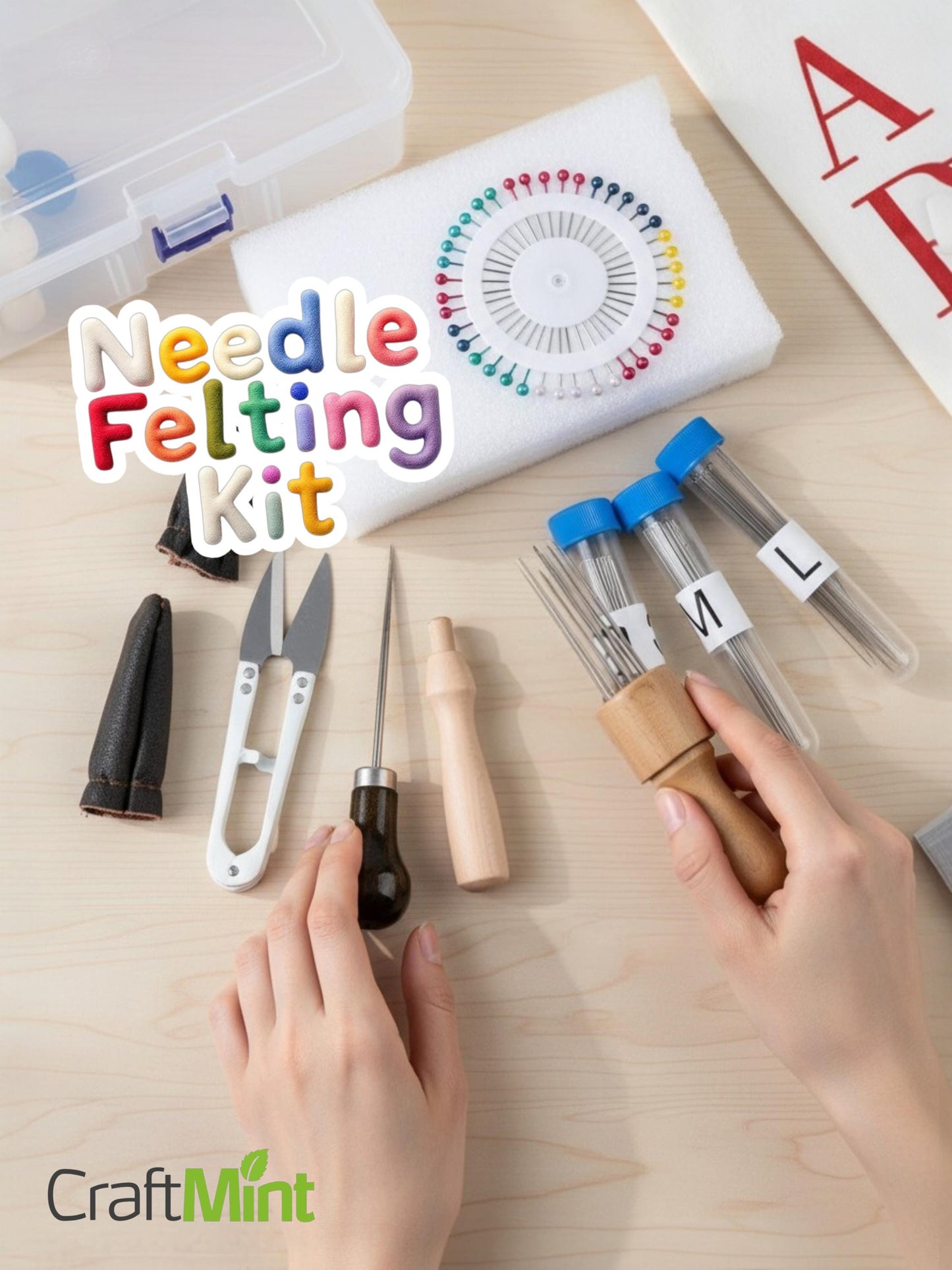 Needle Felting Kit with 60 Needles, Foam Mat & Wooden Handle Tool