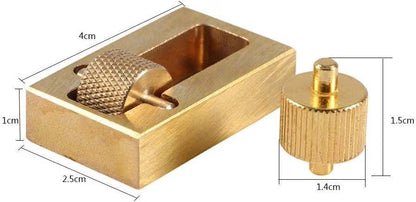 Brass edge dye roller tool dimensions for applicator block and separate cylindrical wheel.