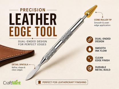 Dual-ended leather edge dye pen with gold cone roller, silver spatula and knurled metal grip.