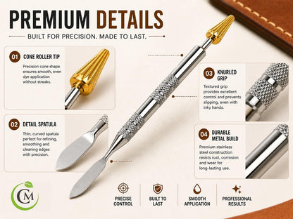Leather edge finishing pen close-up identifying gold cone tip, knurled grip and silver spatula end.