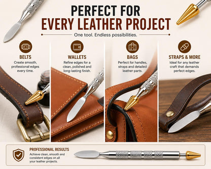 Leather edge dye applicator shown working on belts, wallets, bags and straps.