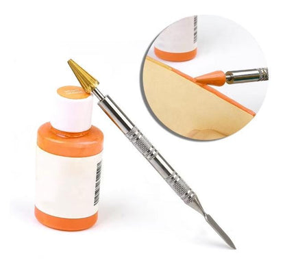 Leather edge dye roller pen beside orange liquid container with inset of orange dye being applied to an edge.