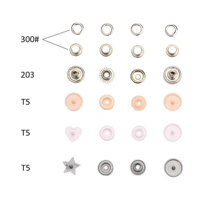 Metal and plastic snap button cap, socket and stud components in comparison chart.