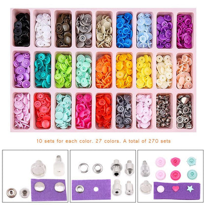 Tray with 270 coloured snap buttons and sample fastener assembly diagrams.