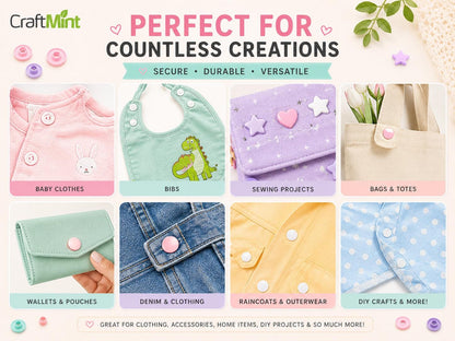 Snap fastener applications on baby clothing, bibs, wallets, pouches and denim fabric.