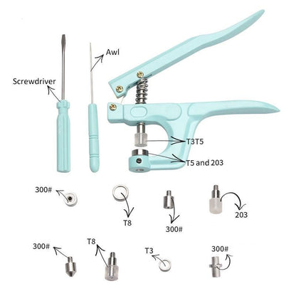 Snap fastener tool configuration guide showing dies, screwdriver and pliers.