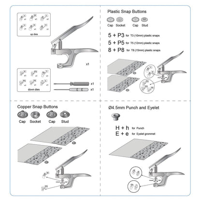 Diagram of snap button plier parts and dies for plastic and metal fasteners.