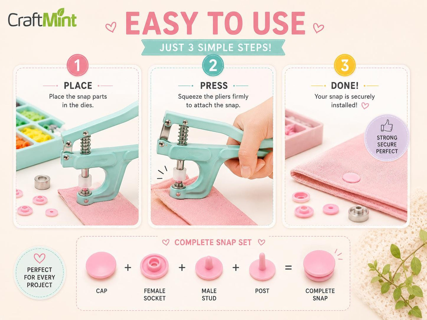 Snap Button Tool Kit — 270 Sets, 25+ Colours, Pliers Included