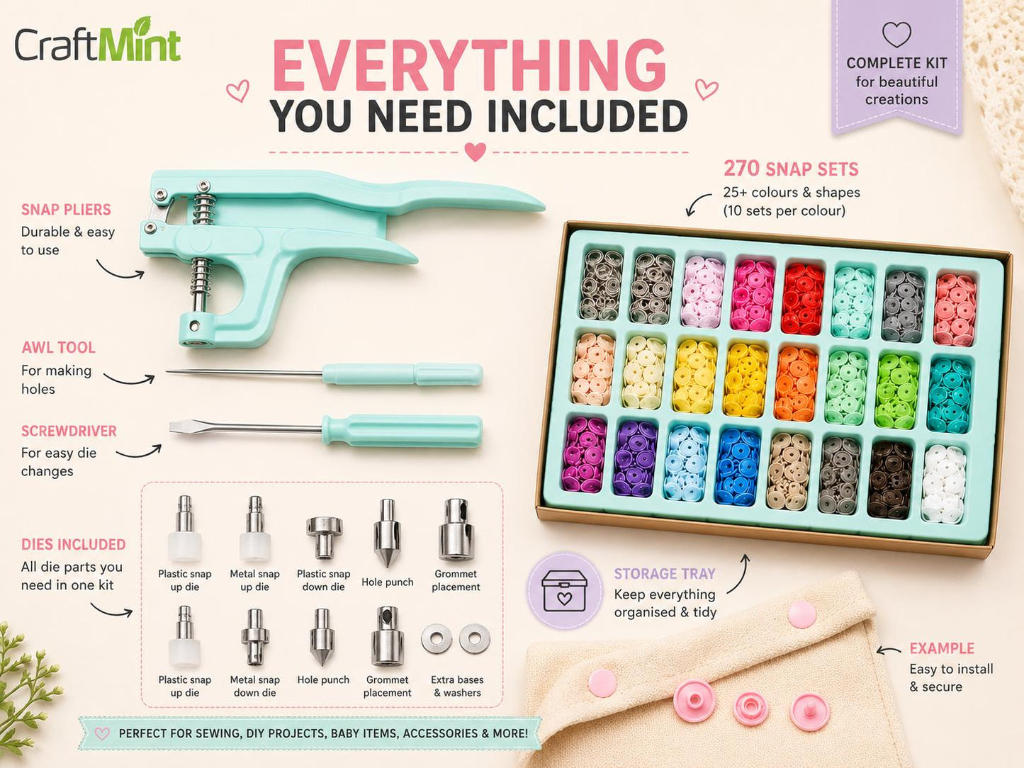 Snap Button Tool Kit — 270 Sets, 25+ Colours, Pliers Included
