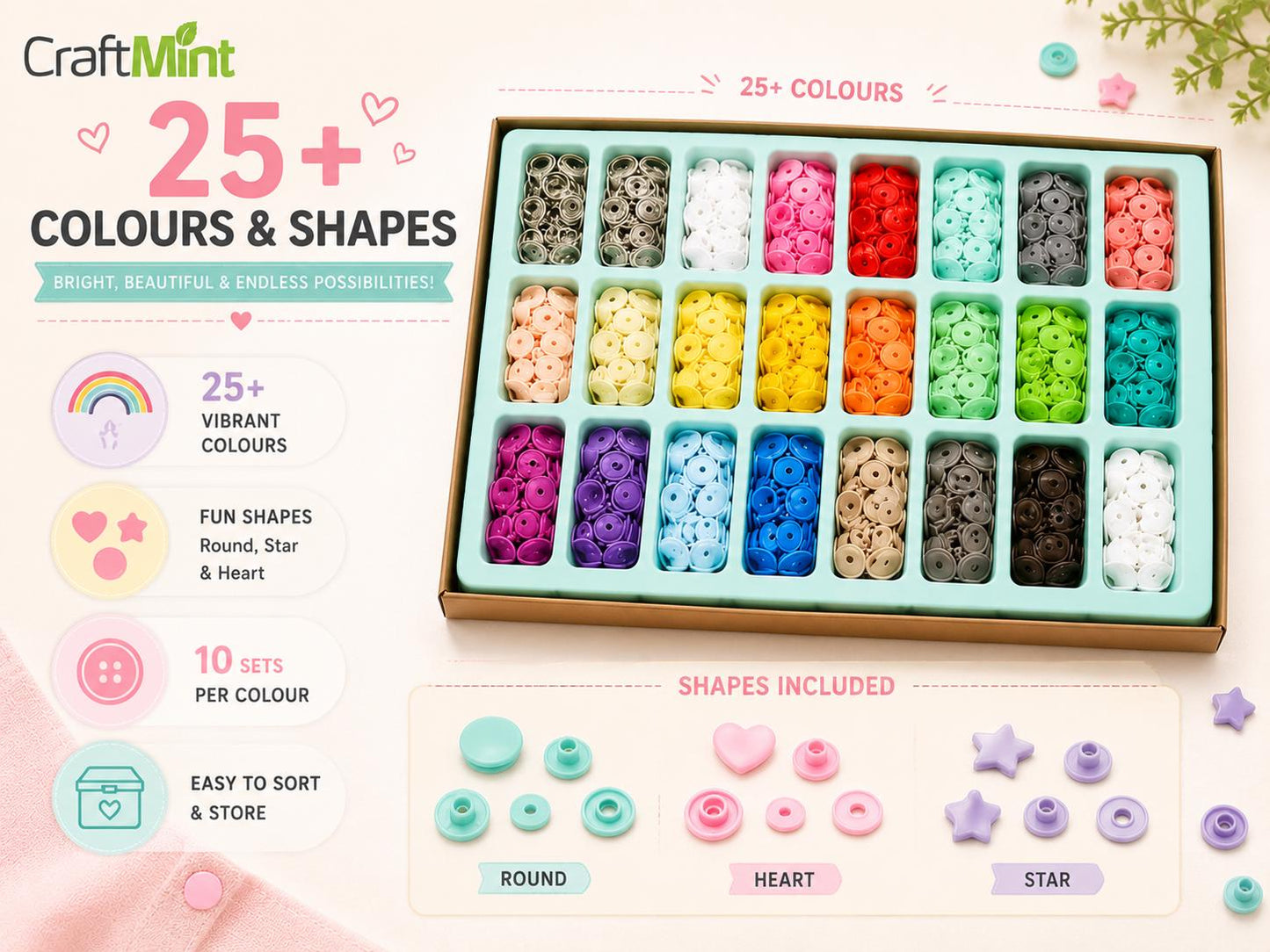 Snap Button Tool Kit — 270 Sets, 25+ Colours, Pliers Included