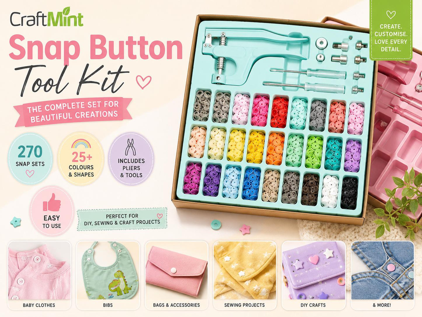 Snap Button Tool Kit — 270 Sets, 25+ Colours, Pliers Included