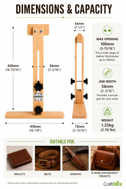 Leather stitching pony dimensions and clamp opening diagram with wooden stand and supported projects.