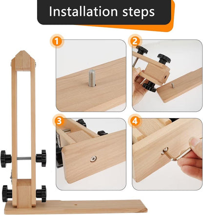 Four-step installation guide showing how to secure the wooden leather stitching pony to its base.