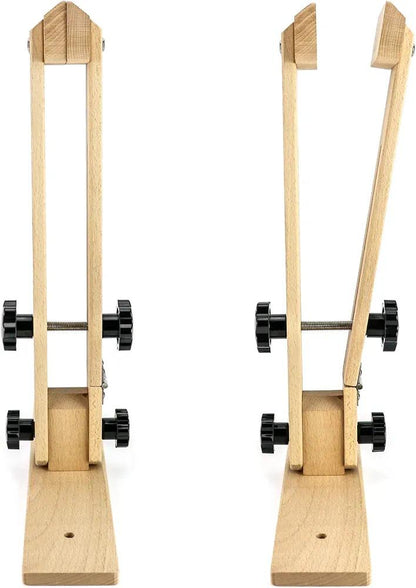 Front and side views of wooden stitching pony demonstrating clamp opening and adjustable jaws.