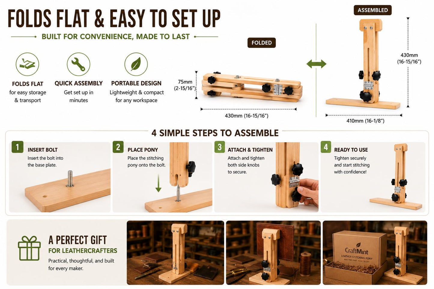 Leather Stitching Pony: Beech Wood Clamp, 180 Adjustable, Foldable