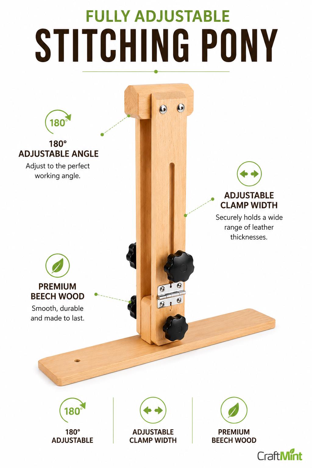 Leather Stitching Pony: Beech Wood Clamp, 180 Adjustable, Foldable