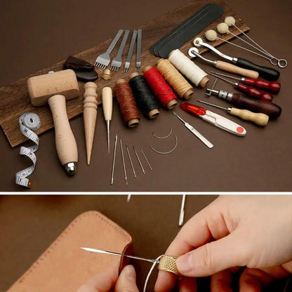 Leather craft starter kit with wooden mallet, punches, waxed thread and needles on workbench.