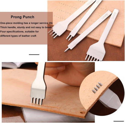 Leather stitching prong punches making evenly spaced holes along tan leather edge.