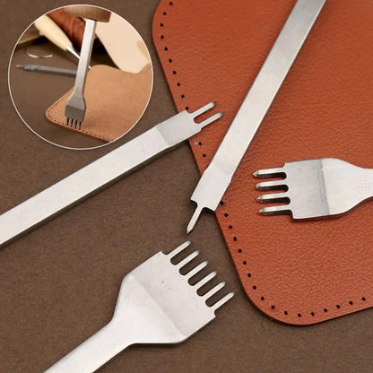 Four metal leather stitching prong punches beside perforated tan leather pieces.