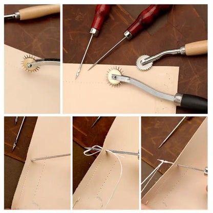 Leather hand sewing tutorial collage showing pricking wheels, needles and thread.