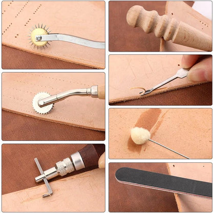Leather tool demonstrations including edge groover, slicker and stitching wheel.