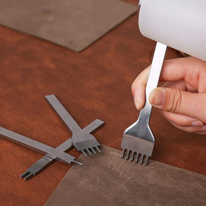 Hand using white mallet with leather stitching prong punch on brown leather.