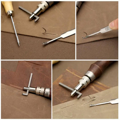 Leather groover and edge beveller tools shown trimming channels in brown leather.