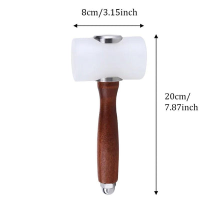 Nylon-headed leather mallet measurements showing 20 cm length and 8 cm wide hammer head.