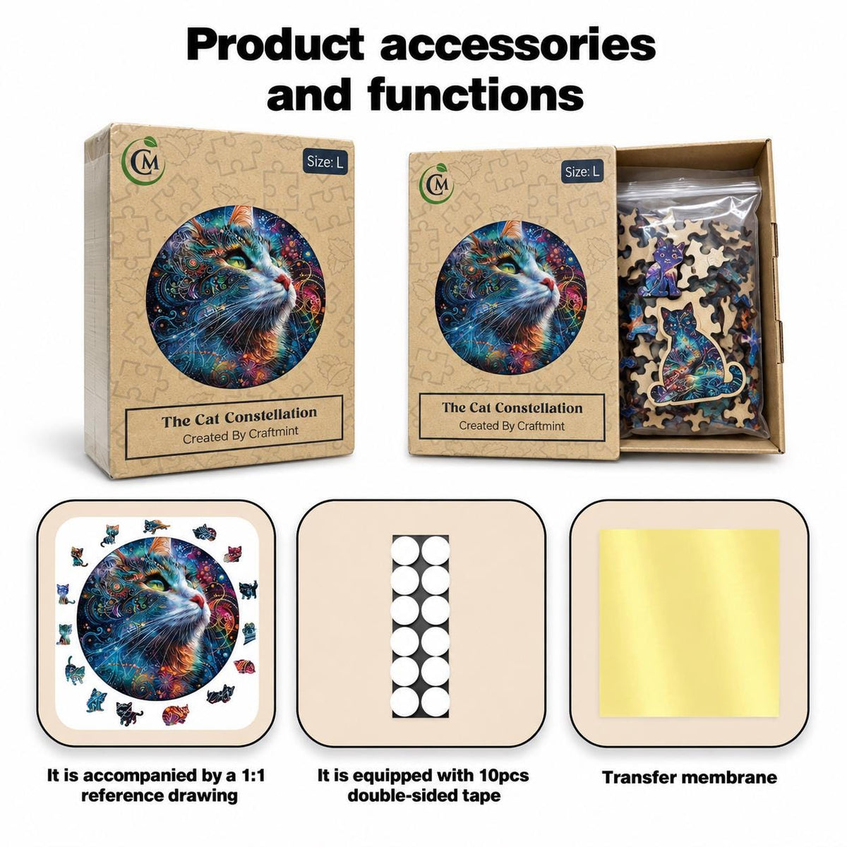 Cat Constellation Wooden Puzzle: Whimsy Cat Shapes, Wall Art Jigsaw