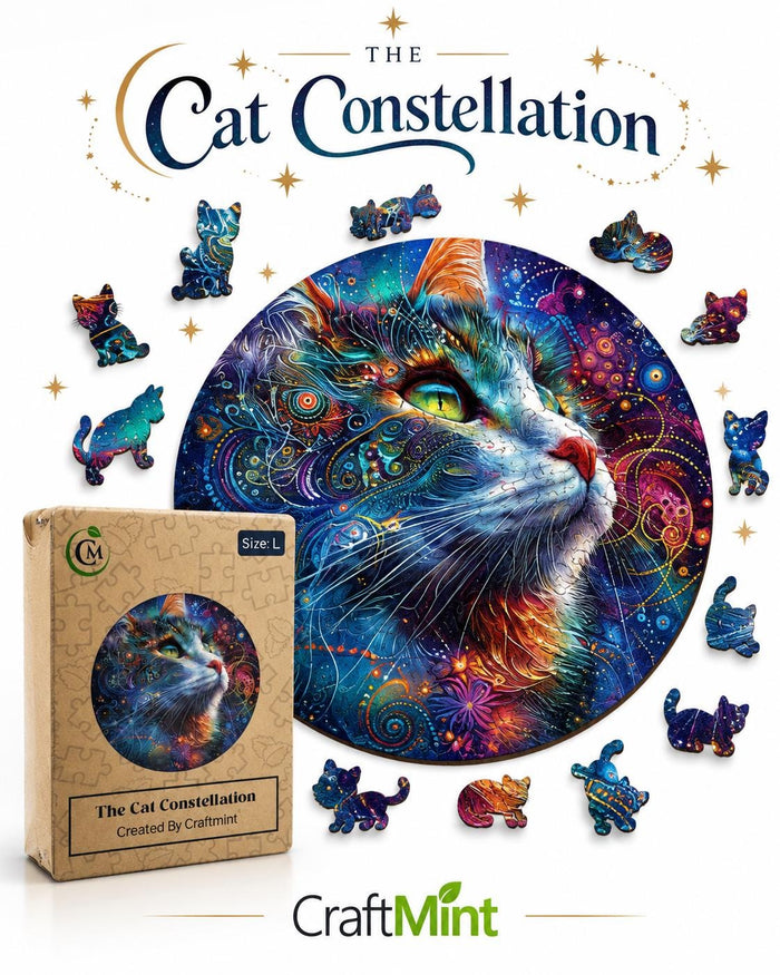 Cat Constellation Wooden Puzzle: Whimsy Cat Shapes, Wall Art Jigsaw