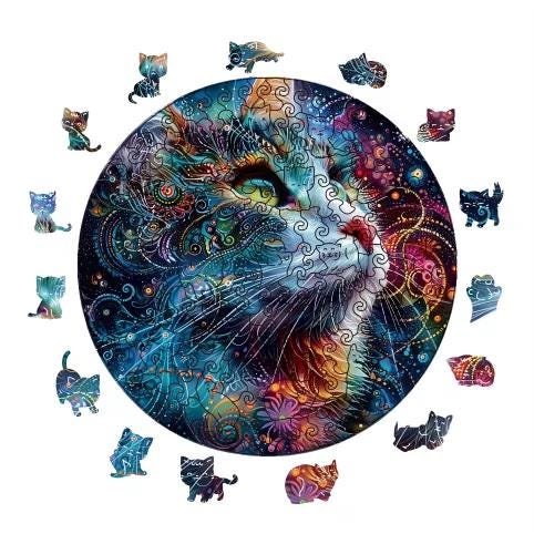 Cat Constellation Wooden Puzzle: Whimsy Cat Shapes, Wall Art Jigsaw