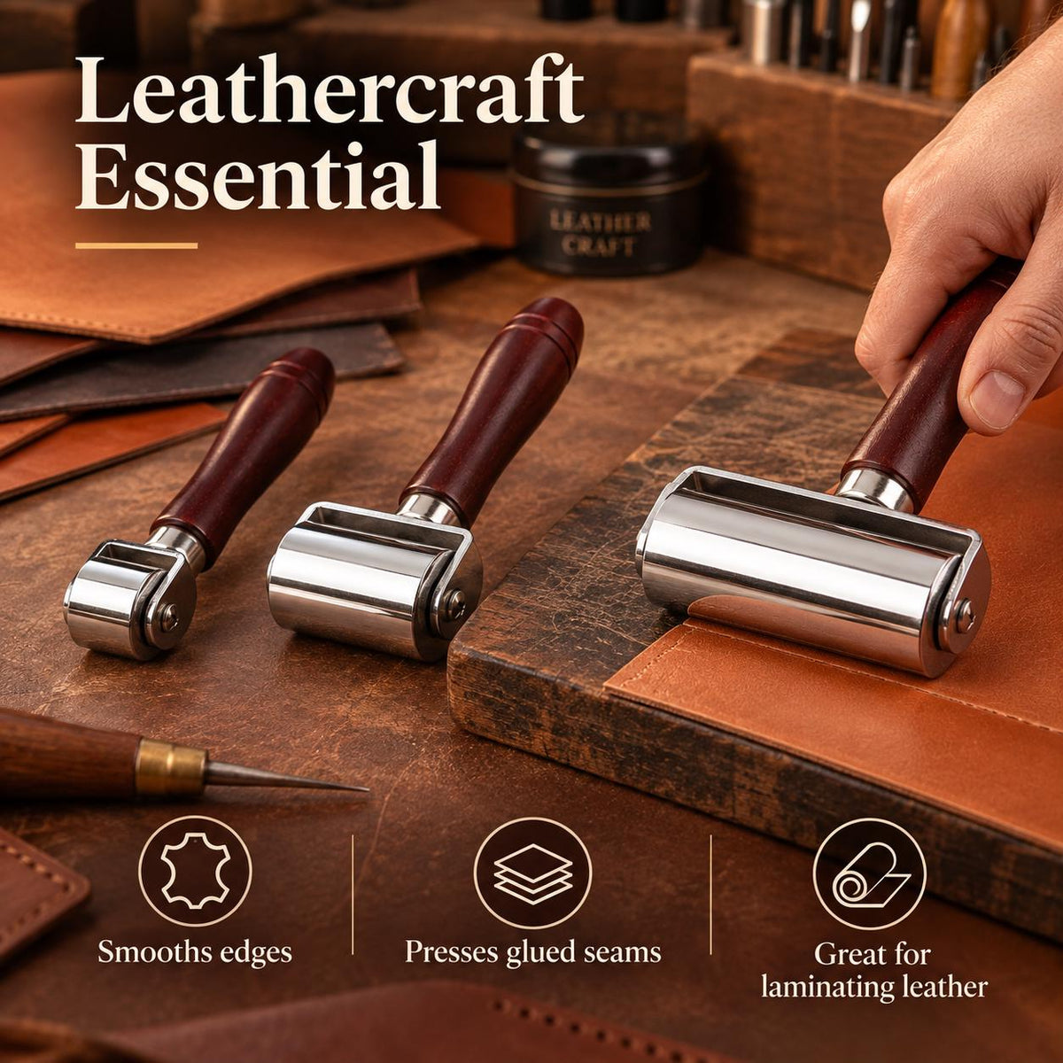 Leather Press Edge Roller: Steel Glue Laminating Tool, 3 Sizes