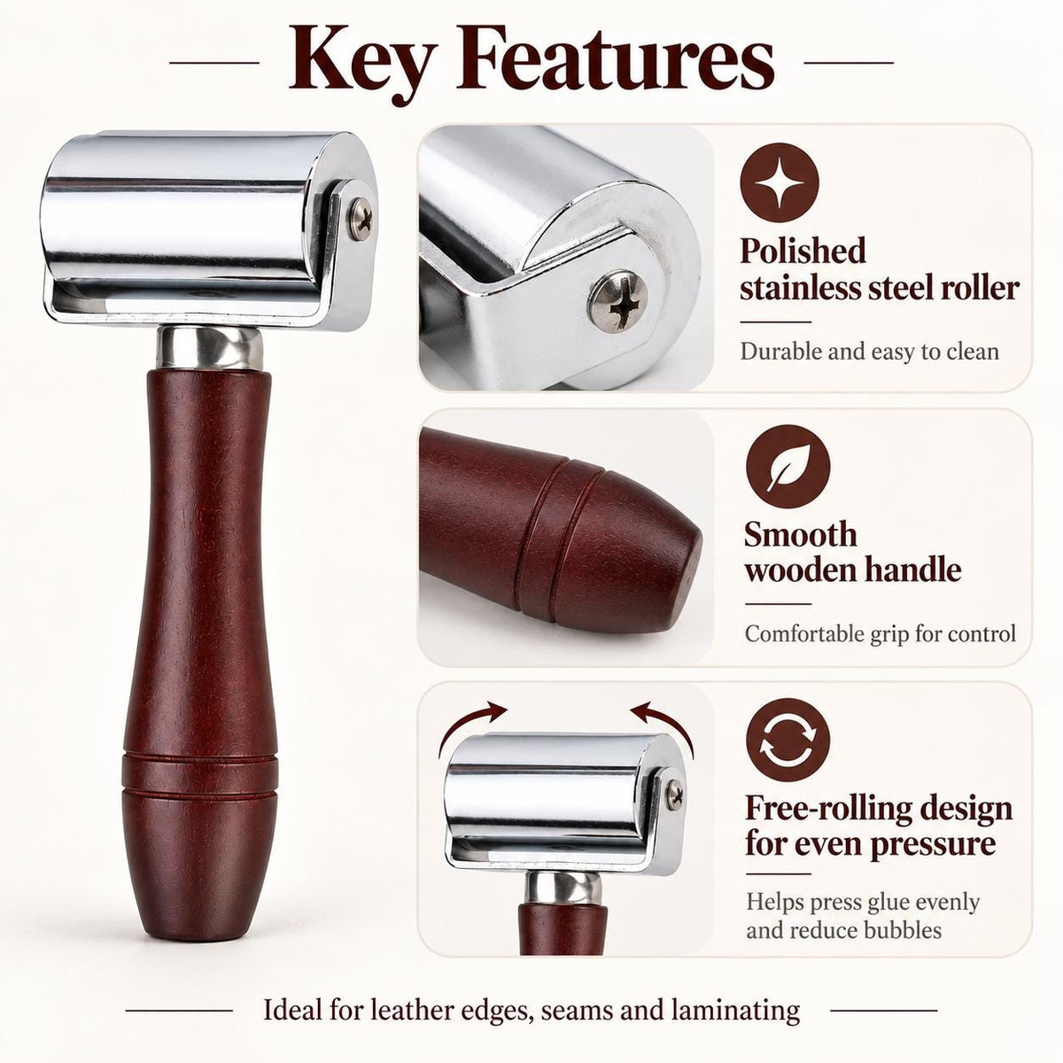 Leather Press Edge Roller: Steel Glue Laminating Tool, 3 Sizes
