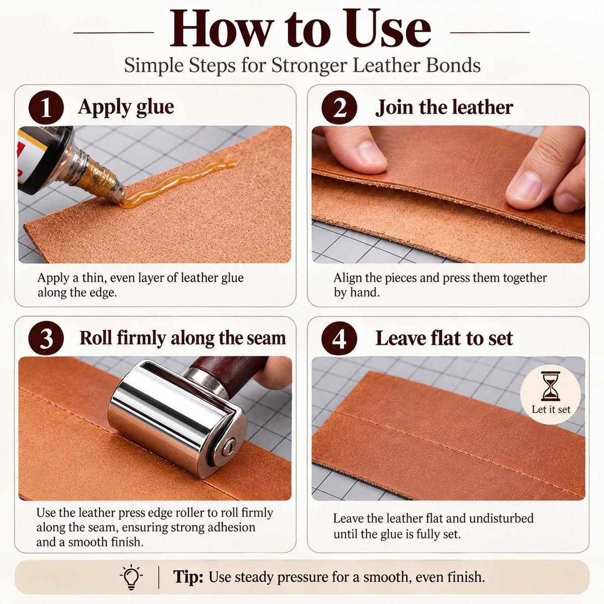 Leather Press Edge Roller: Steel Glue Laminating Tool, 3 Sizes