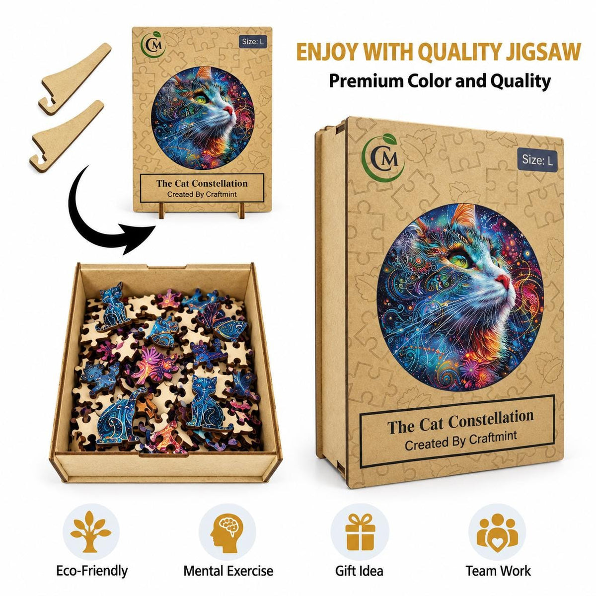 Cat Constellation Wooden Puzzle: Whimsy Cat Shapes, Wall Art Jigsaw