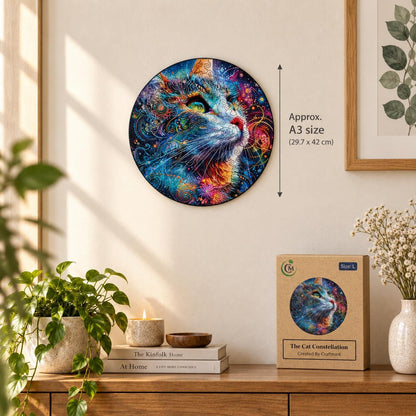 Cat Constellation Wooden Puzzle: Whimsy Cat Shapes, Wall Art Jigsaw