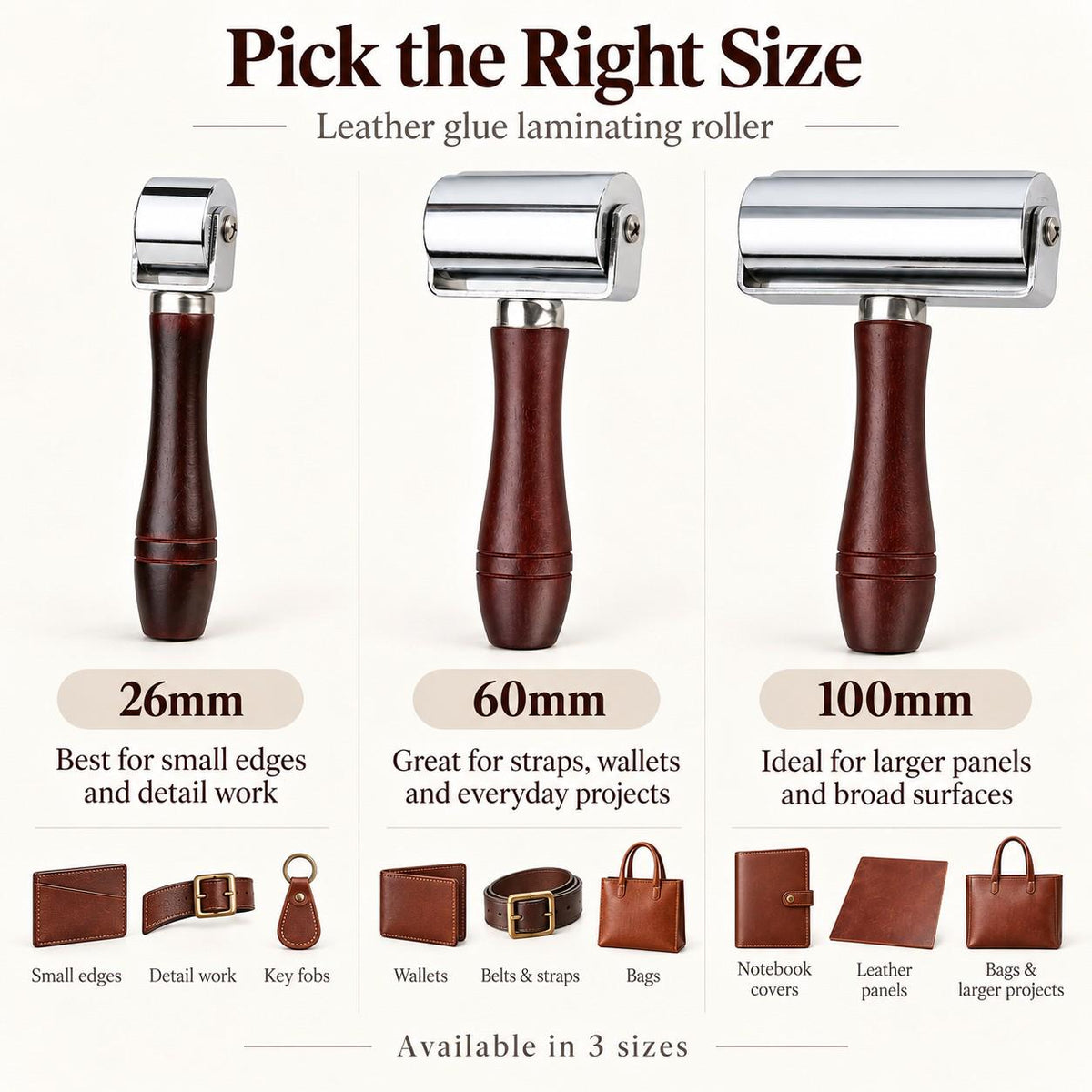 Leather Press Edge Roller: Steel Glue Laminating Tool, 3 Sizes