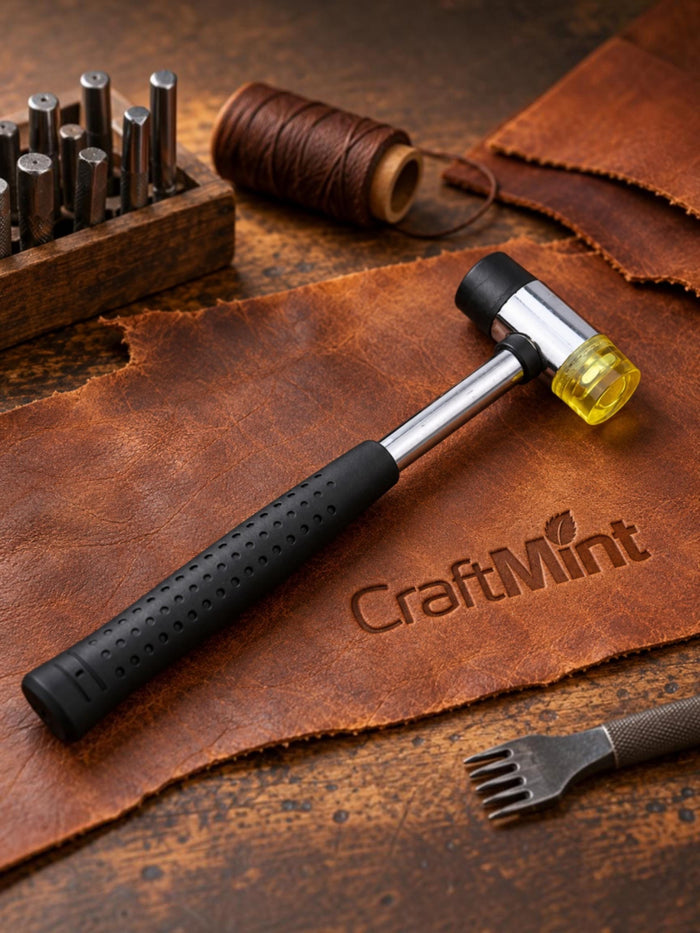 Double-ended 25 mm leather craft mallet with black and translucent yellow striking faces resting on brown leather.