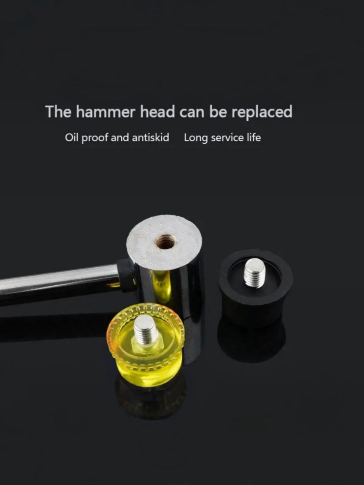 Double-face leathercraft mallet replacement head diagram showing threaded black and translucent yellow caps.