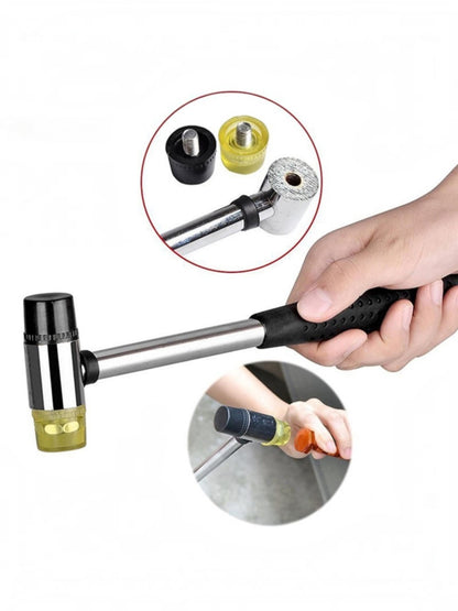 Hand holding double-ended mallet with close-up of removable black and yellow screw-on hammer faces.