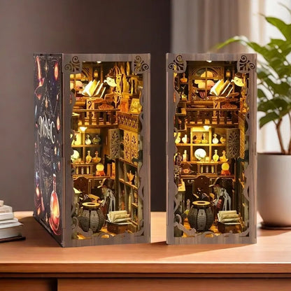 Two views of Magic Night DIY book nook showing lit potion-room interior and illustrated outer cover.