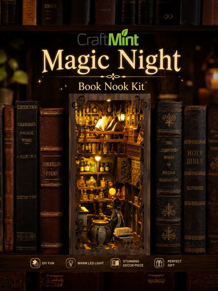 DIY Book Nook Kit: Wooden LED Bookshelf Insert, Magic Night Diorama
