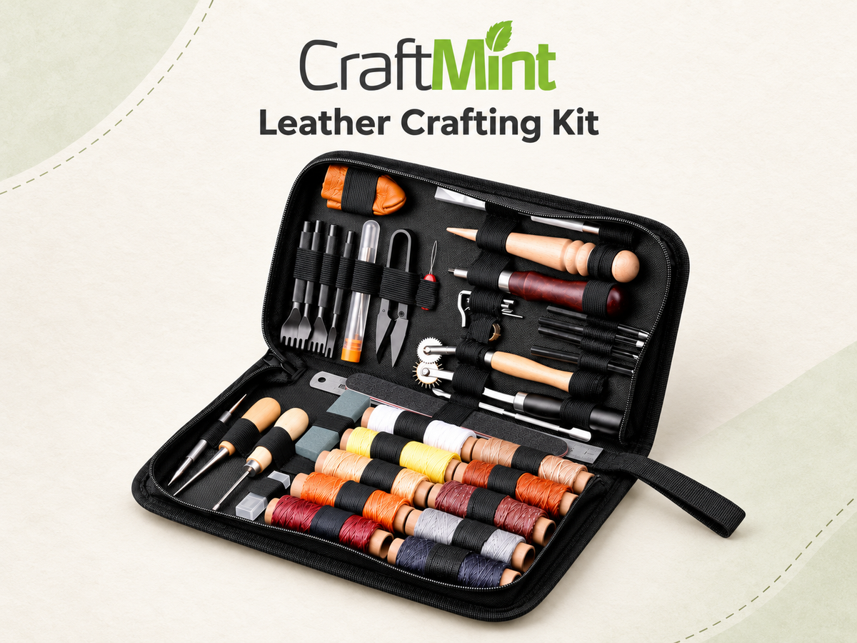 Craft Mint leather working toolkit in black zip storage case filled with stitching tools and waxed threads.