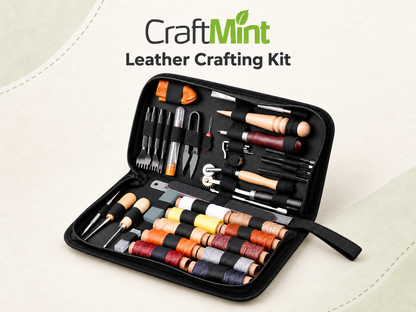 Craft Mint leather working toolkit in black zip storage case filled with stitching tools and waxed threads.