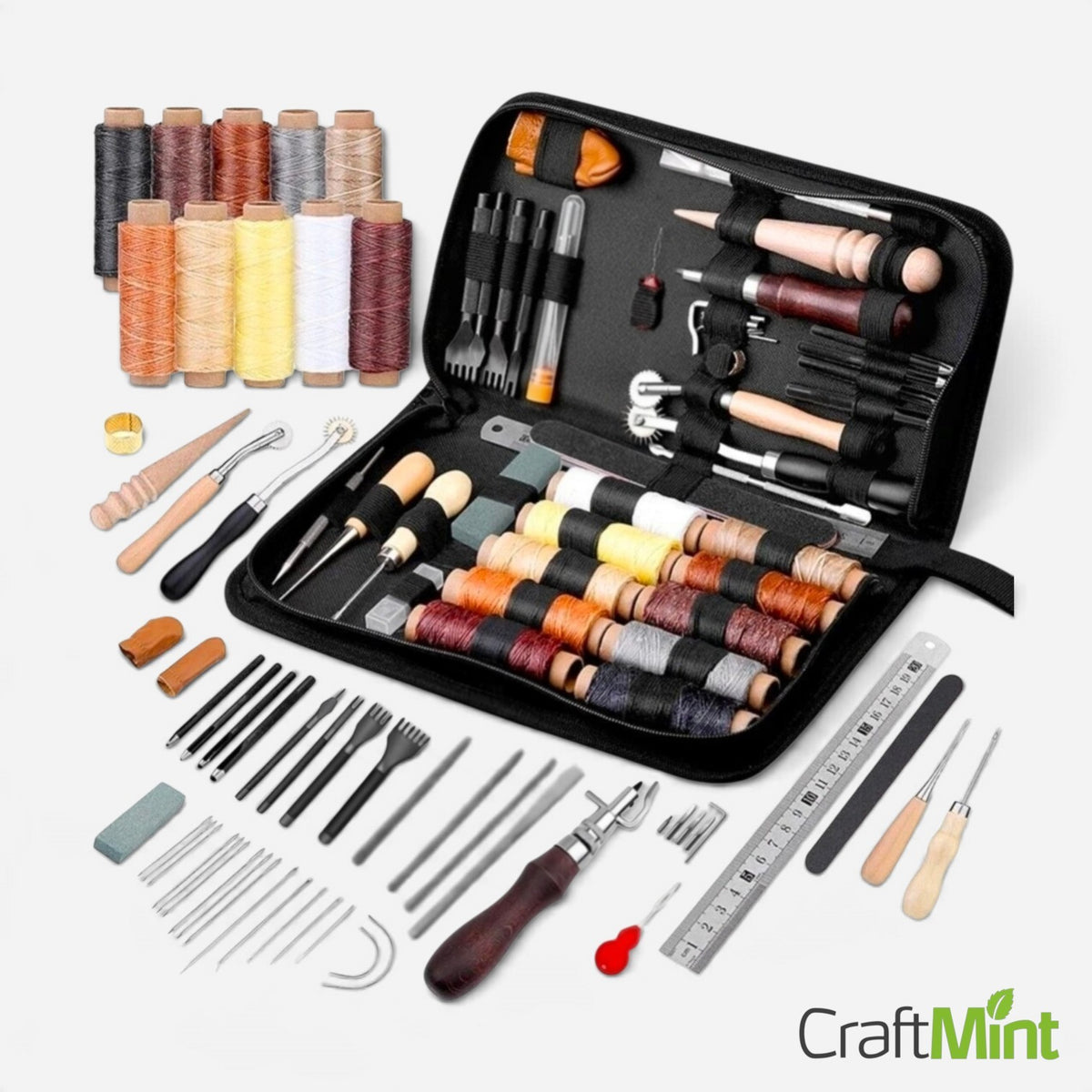 Professional leather tool kit - complete tool set with waxed thread, groover, and awl for beginners and professionals