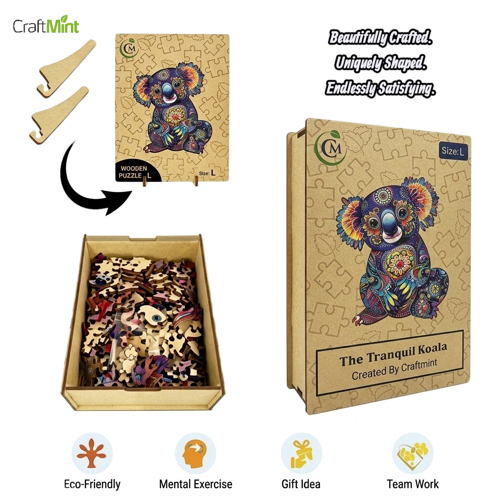 Mandala Koala Wooden Puzzle for Adults | Unique Animal Jigsaw Gift, Premium Wooden Brain Teaser, Colourful Koala Puzzle with Box