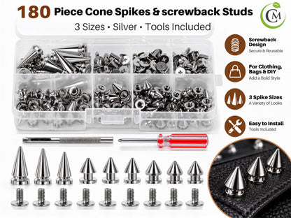 Punk Style Cone Spikes Screwback Studs Rivets Set